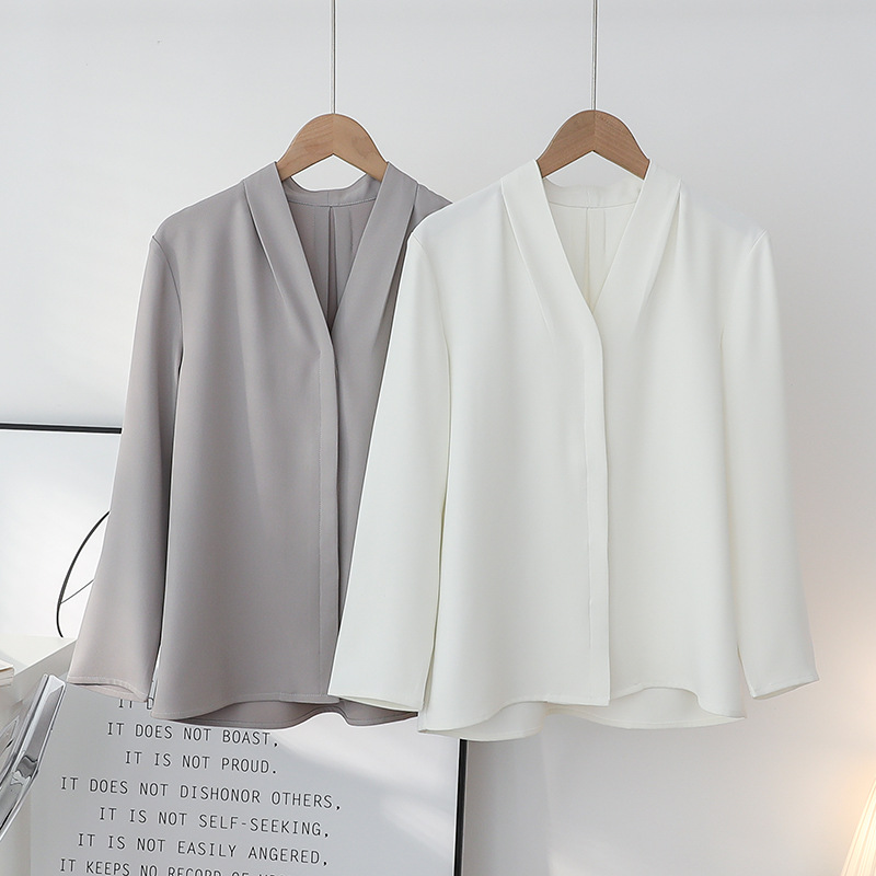 GY180 Spring new style mature V-neck French long-sleeved shirt female professional commuting interview gray white top