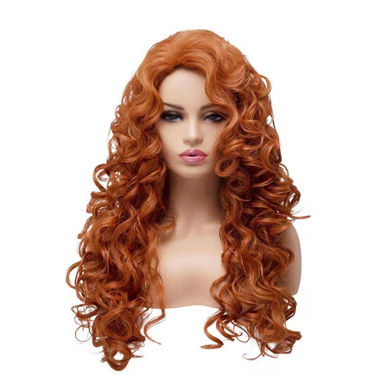 brown Womens long curled wig popular on the internet with the same style of foam face head fluffy natural wool curled wig head cover