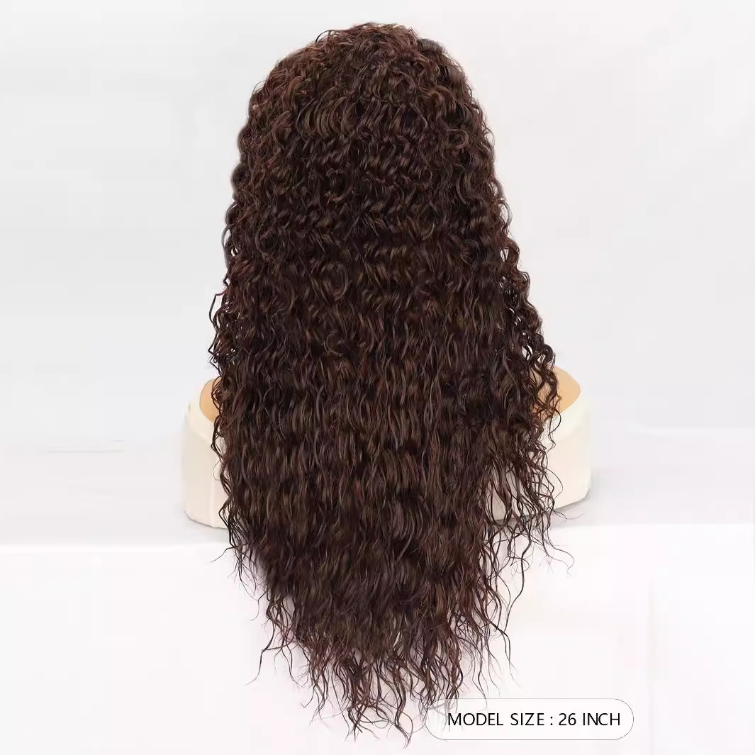 womens Wig lace synthetic headband brown medium length curly hair small curly hair