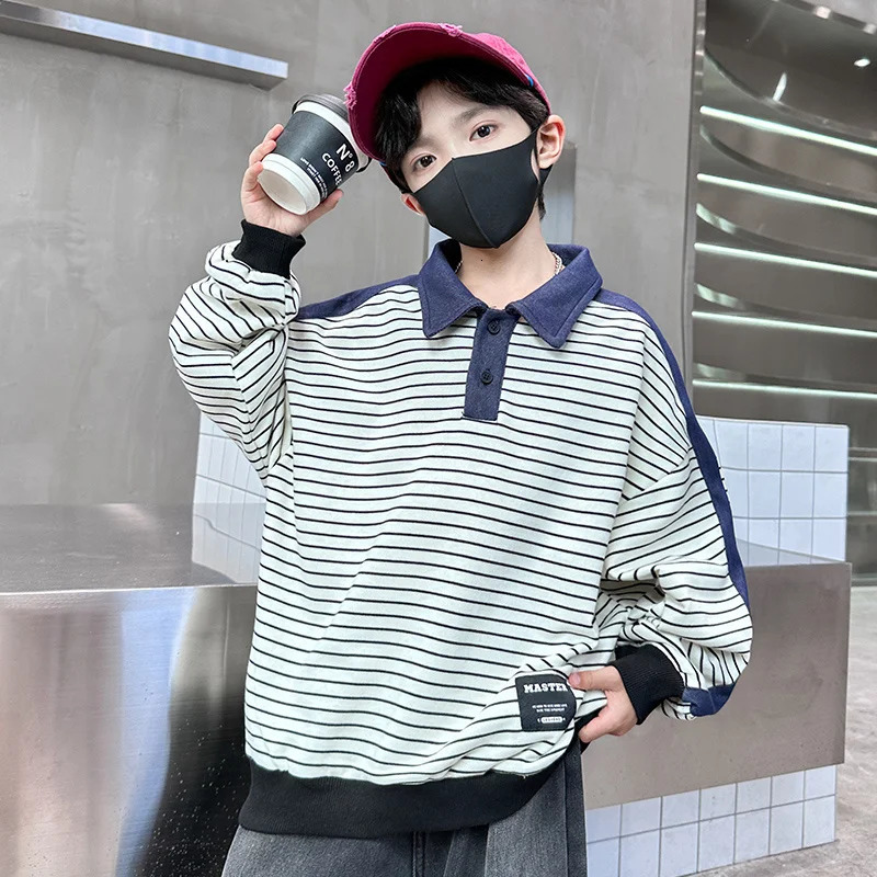 Korean Japanese Kids Long Sleeve Polo Shirt for Boy Teens Casual Stripe Polo Sweatshirt for Boy and Adults 5 7 9 11 13 14 Years 250508