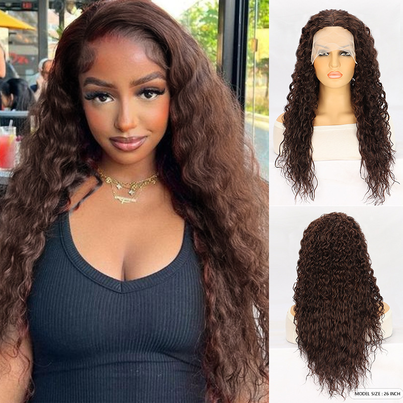 womens Wig lace synthetic headband brown medium length curly hair small curly hair