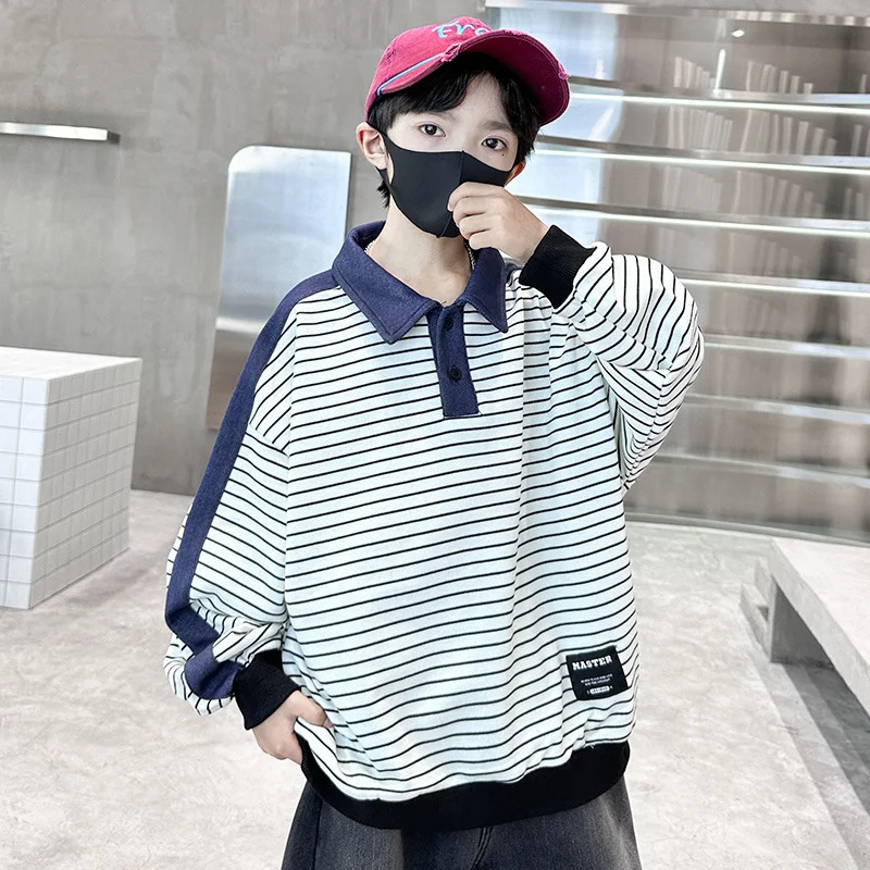 Korean Japanese Kids Long Sleeve Polo Shirt for Boy Teens Casual Stripe Polo Sweatshirt for Boy and Adults 5 7 9 11 13 14 Years 250508