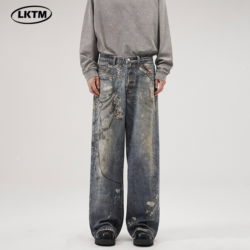 2025 New Digital Cut Printed AC Jeans Men's Trendy Brand Loose Wide Leg Straight Pants