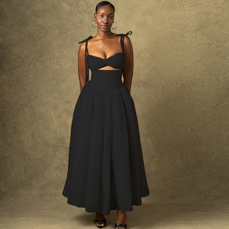 Fengins womens fashionable solid color dress with suspender off shoulder sleeveless skirt long skirt