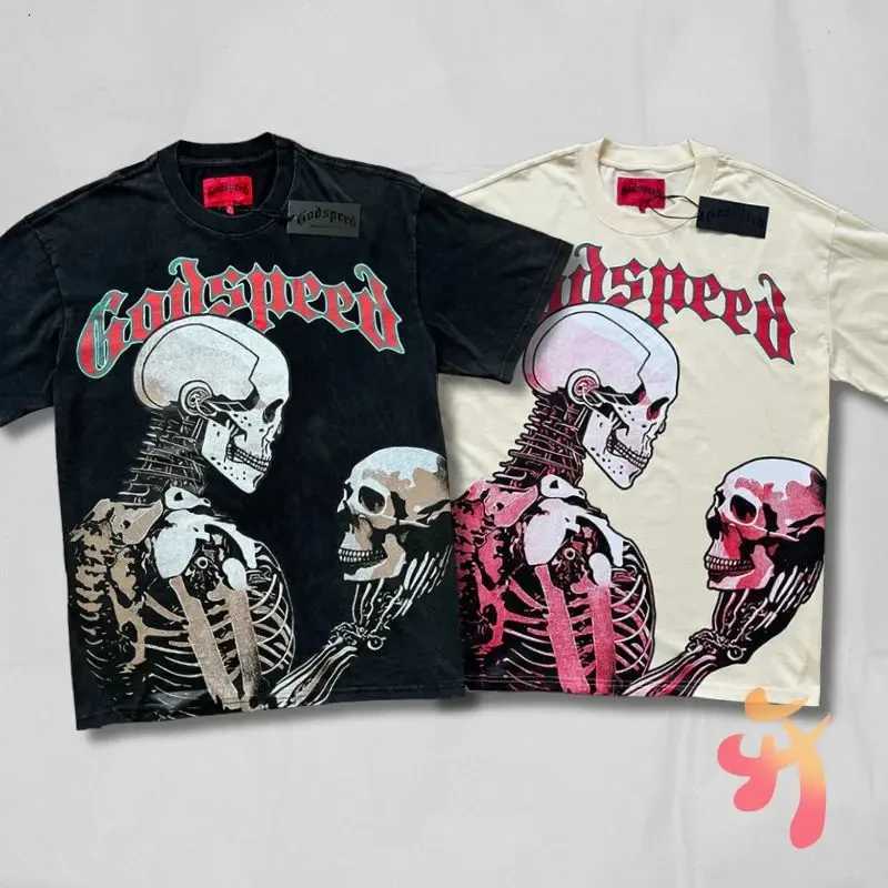 25 Real Photos High Quality Godspeed T-shirt Trendy Rock Street Retro Washed Couple Skeleton Print Cotton Short Sleeve Men WomenT250508
