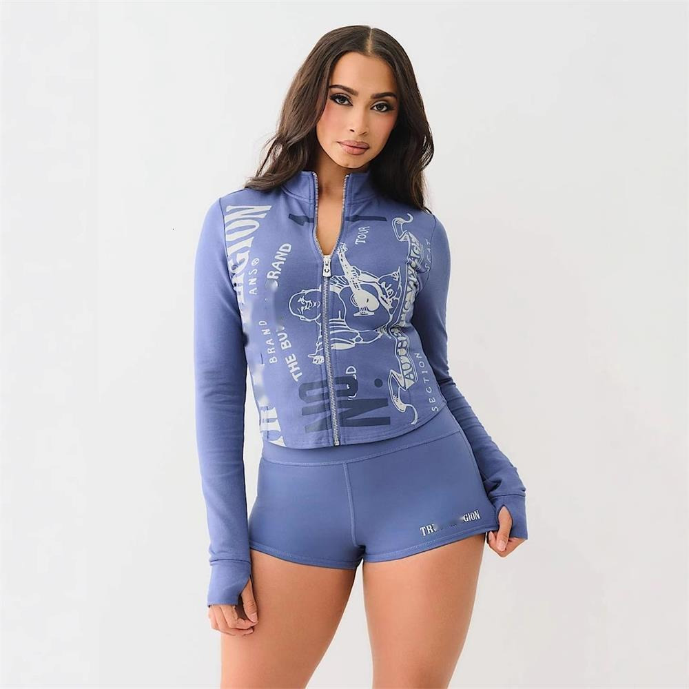 Fashion Womens Tracksuits Summer Two Piece Set Chest Printed Long Sleeve Zipper Neck Top Jacket Slim Fit Shorts Casual Sports Track Suit