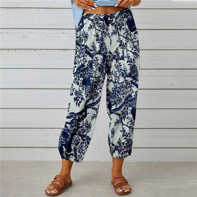 New cotton and linen female pants high waist draw rope nine minutes pants loose waist tie foot mouth vintage printed pants