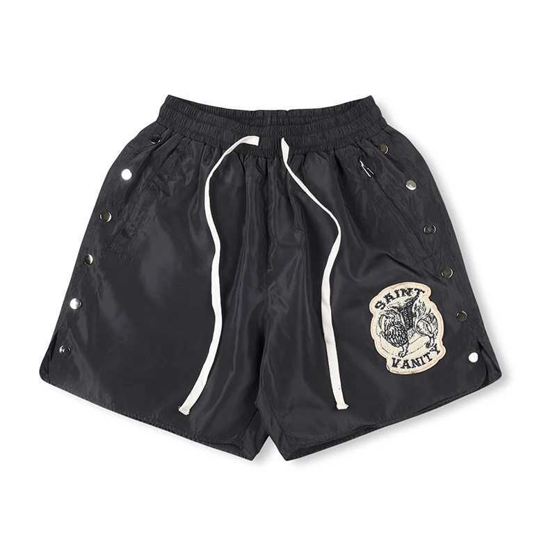 Side button letter embroidery breathable summer mens streetwear wide leg pockets five point pants oversized sports shorts M250508
