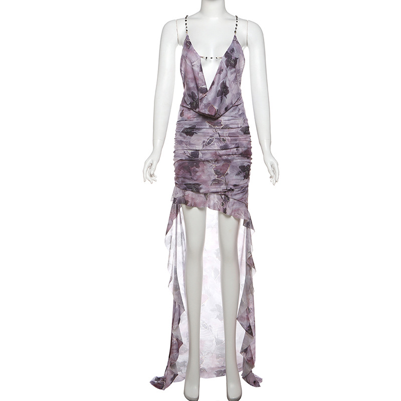 Printed Women Dress Chic Spaghetti Strap Backless Cross Irregular Swinging V-neck Maxi Vestidos