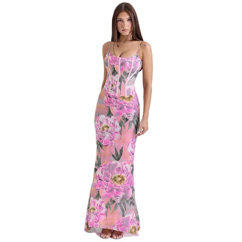 Womens clothing 2025 spring new fashion printed temperament sexy slim fit U-neck suspender dress