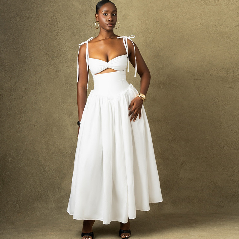 Fengins womens fashionable solid color dress with suspender off shoulder sleeveless skirt long skirt