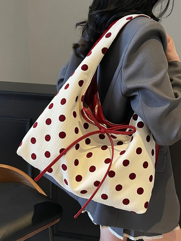 Womens Polka Dot Tote Bag Fashion Casual Large Capacity Shoulder Bags Patchwork Underarm Pock Bow Handbags 250507