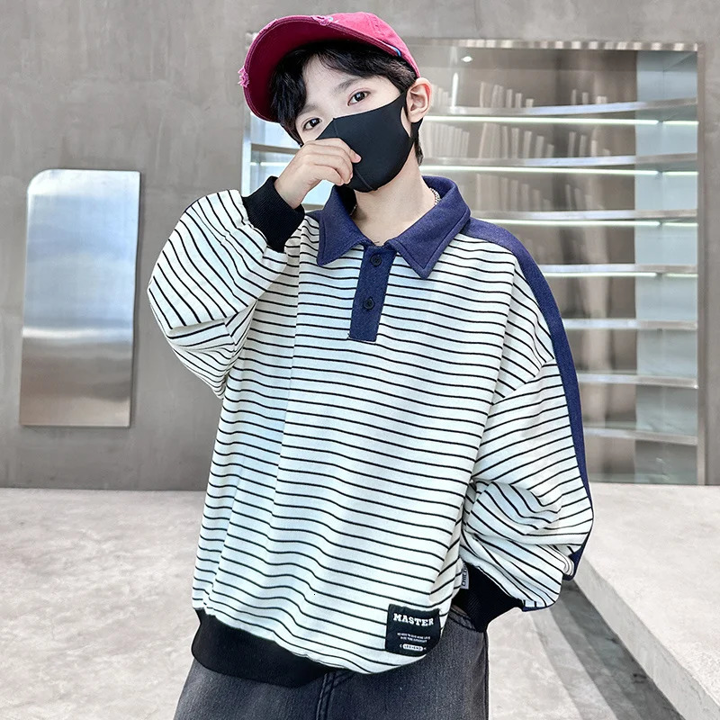 Korean Japanese Kids Long Sleeve Polo Shirt for Boy Teens Casual Stripe Polo Sweatshirt for Boy and Adults 5 7 9 11 13 14 Years 250508