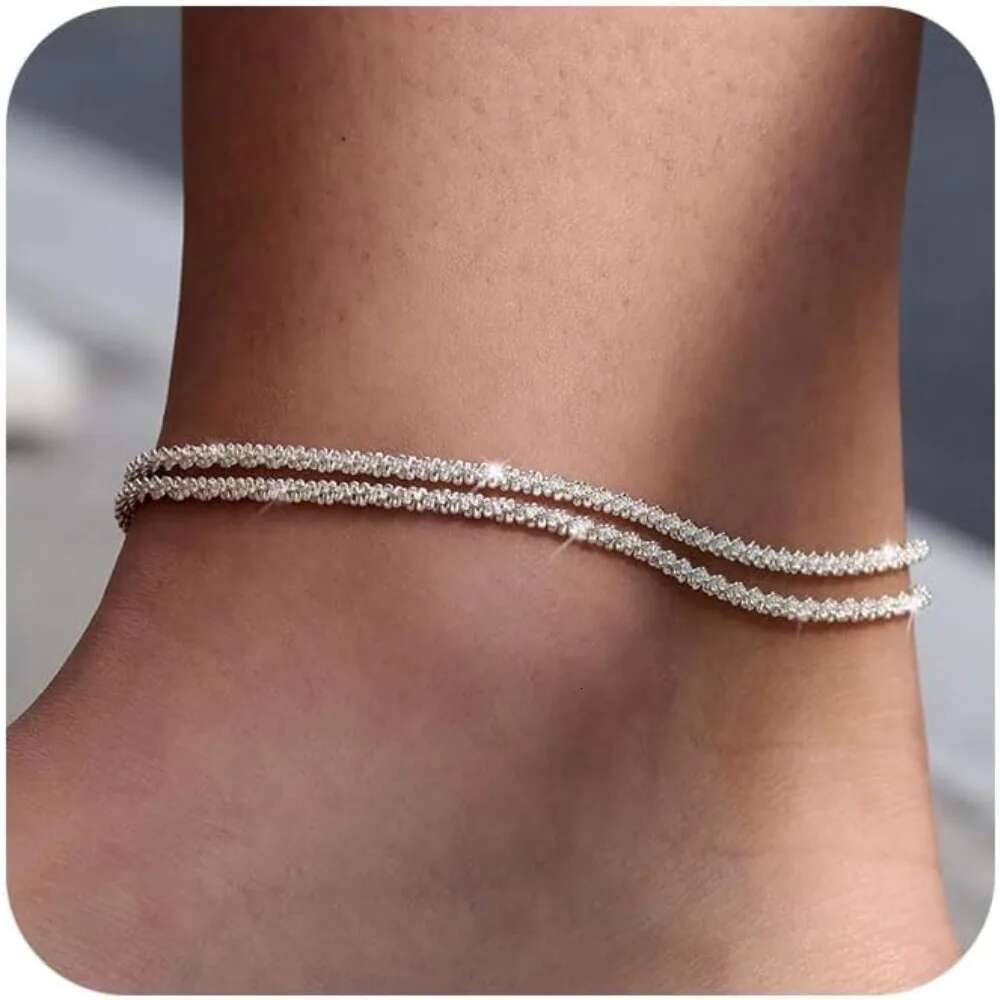 DHcollections Sterling Sier Anklets Adjustable Women's Anklet Set, Stackable Beaded Cuban Chain Anklets, Beach Jewelry For Women