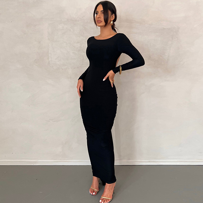 Hot New Solid Sexy Backless Pleated Long Temperament Slim Dress