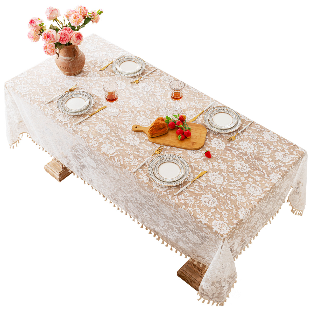 XX0372 French rose lace tablecloth light luxury high-end rectangular tablecloth non-slip coffee table wedding decoration cover cloth