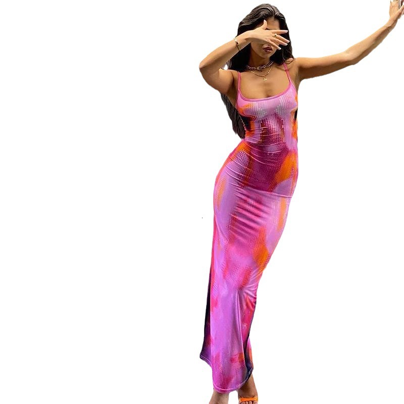 Wind Spicy Girl Hanging Strap Print Dress Casual Vacation Slim Fit Dress Summer Womens Wrap Hip Long Dress