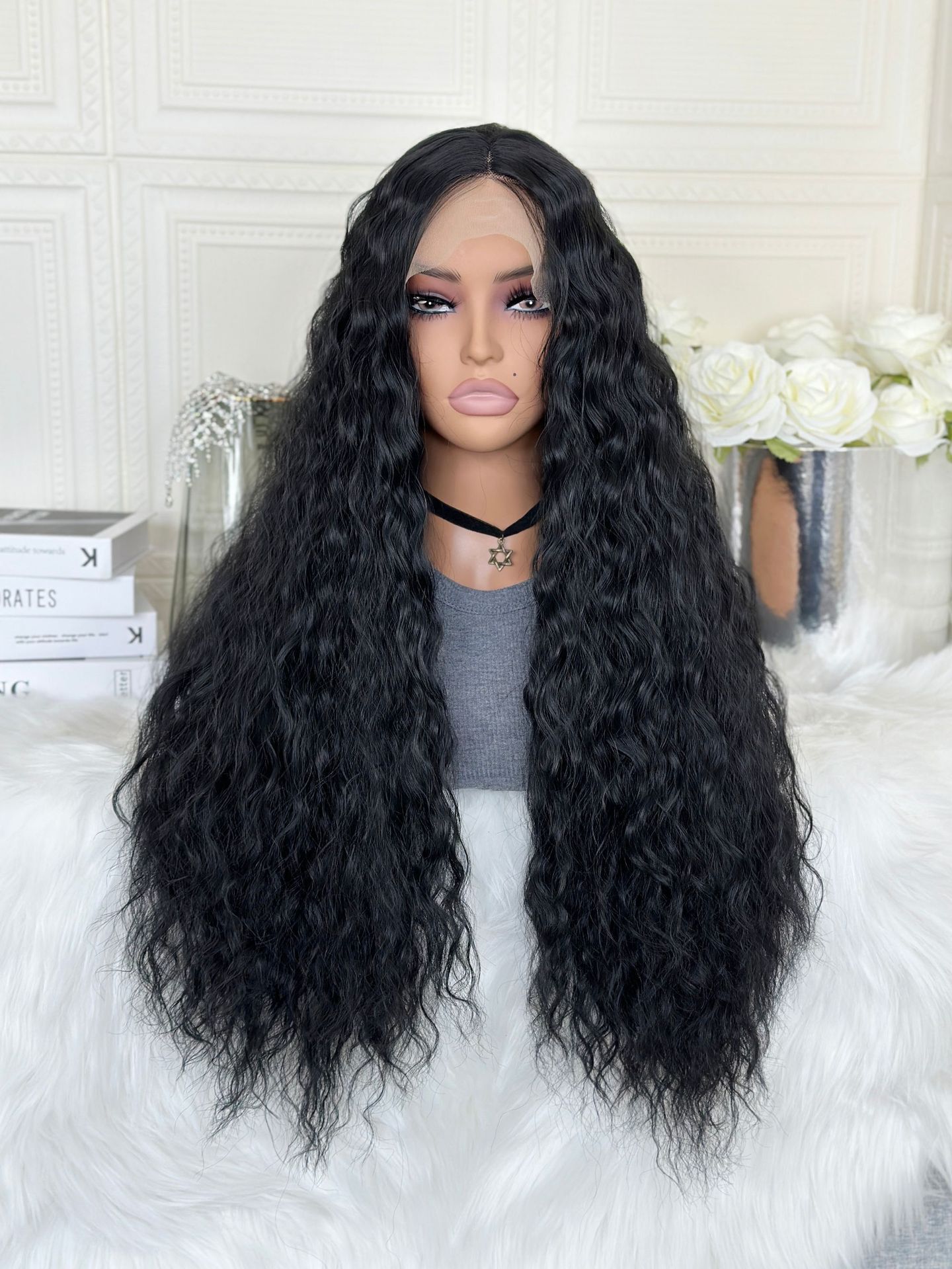 for Wig ladies front lace synthetic headband black medium split long curly hair with water ripples