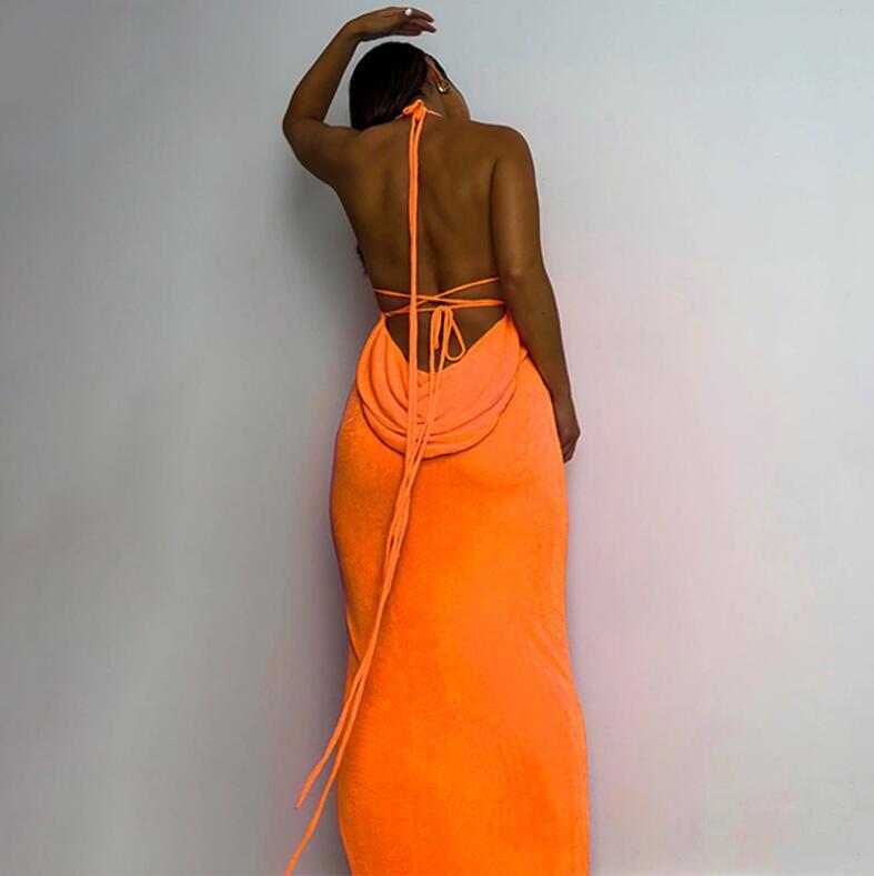 Feng 2024 Summer New Fashionable and Sexy Open Back Lace up Style Long Dress with Bra and Hanging Neck Dress