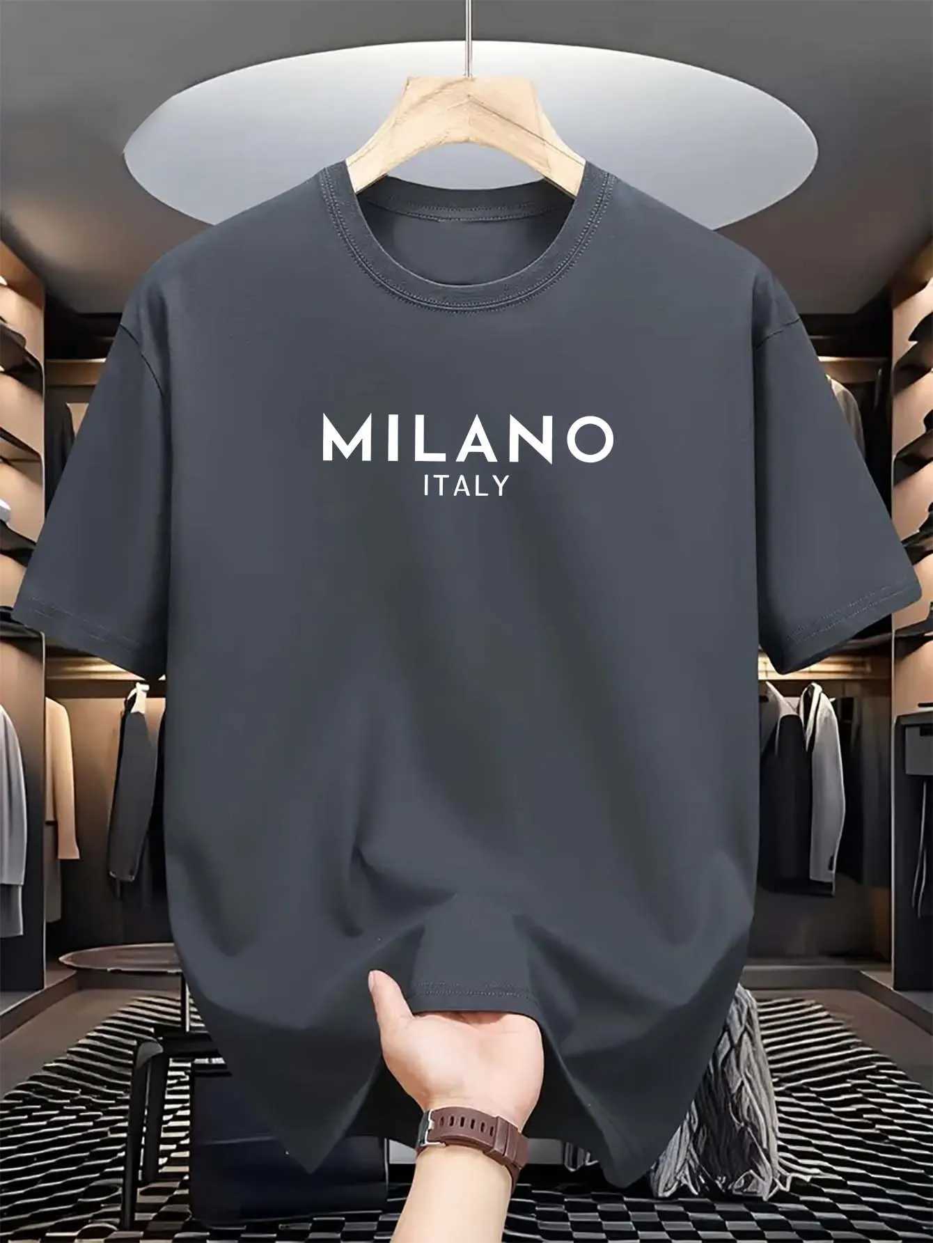 Summer mens 100% pure cotton casual loose and fashionable MILANO ITALY letter printed round neck short sleeved T-shirt topT250509