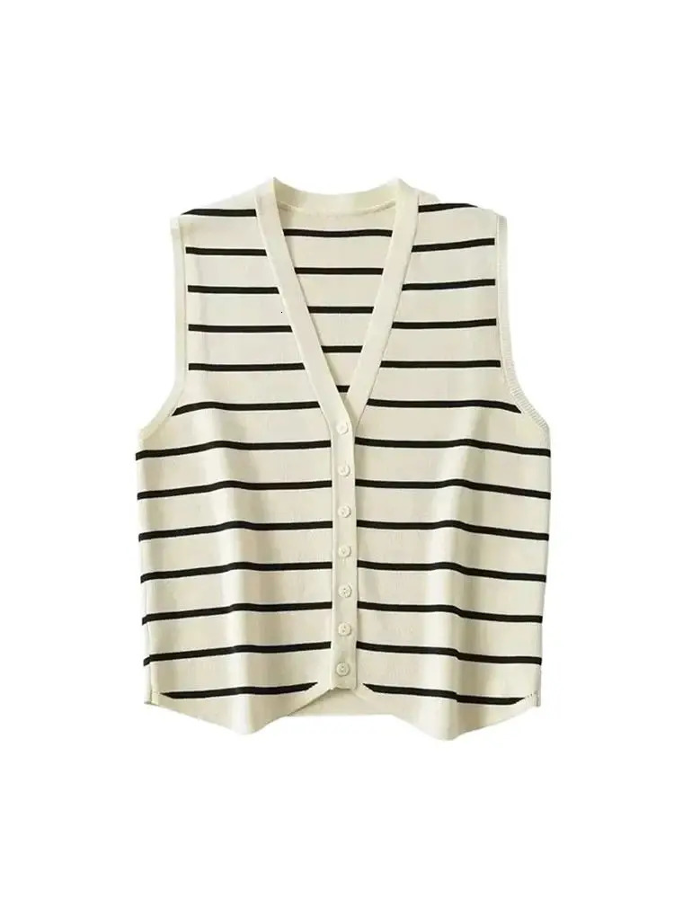 TRZA Womens Fashion Front Button Striped Knitted Tank Top Retro Vneck Sleeveless 250430Z