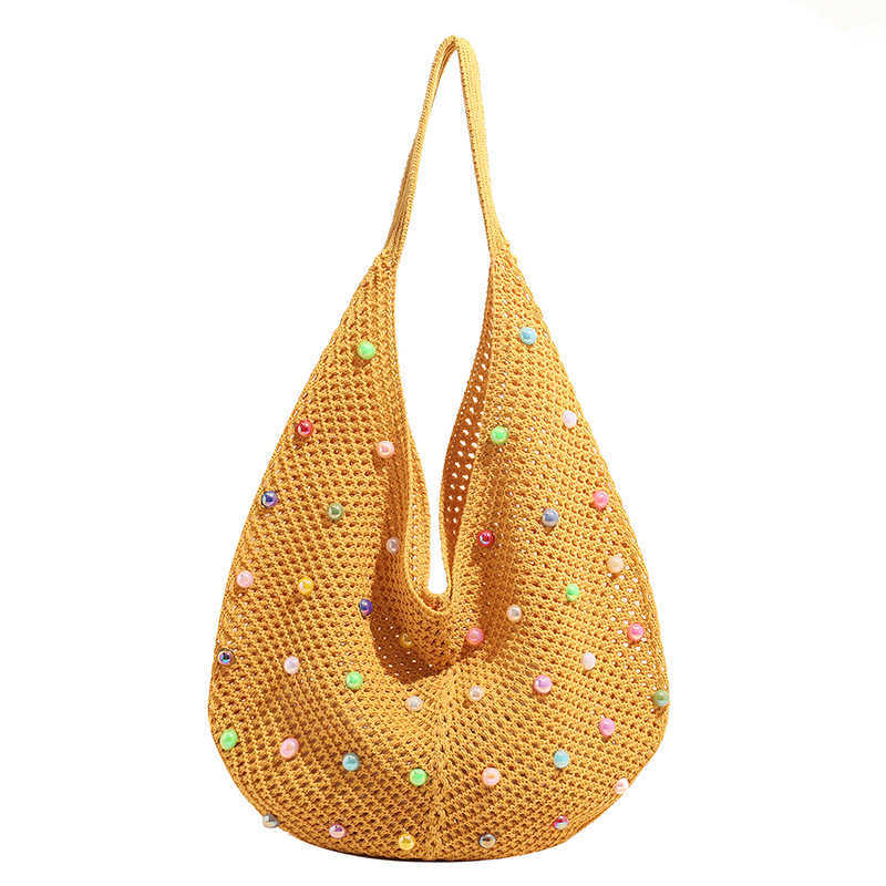 New Relaxation Large Capacity Colored Pearl Knitted Bag with Small Resort Style Hollow Beach Single Shoulder Women's Bag
