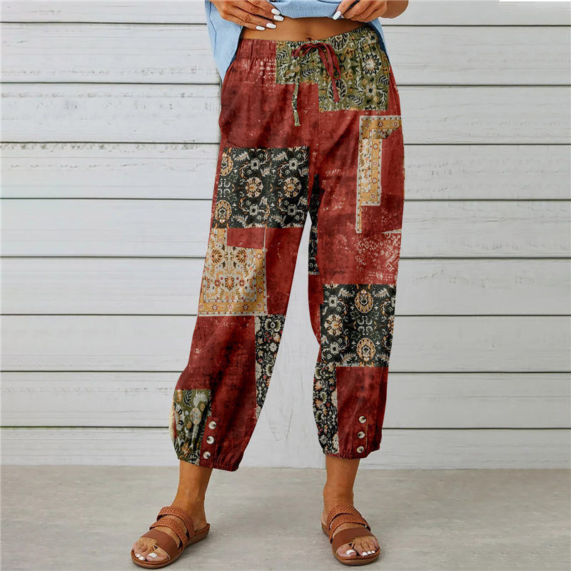 New cotton and linen female pants high waist draw rope nine minutes pants loose waist tie foot mouth vintage printed pants 2025s hot