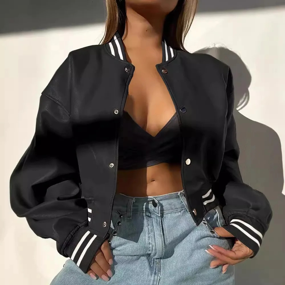 Autumn Women Striped Baseball Single Breasted Jackets Fall Winter Long Sleeve Coats 2YK Motorcycle Girls PU Leather Outerwear 250507