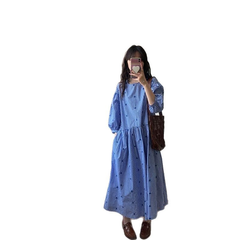 G4190 Large size heavy embroidered jacquard dress female plaid round neck blue seaside long dress loose