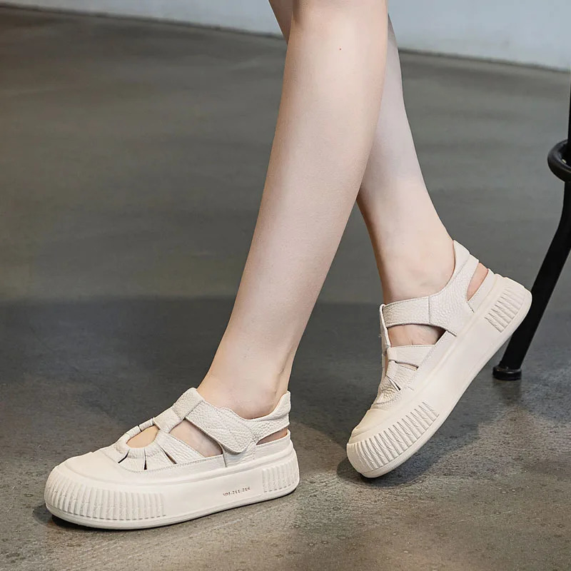 Drkanol 2025 Womens Sandals Summer Round Heel Strap Leather Short and Fat Platform Casual 250428