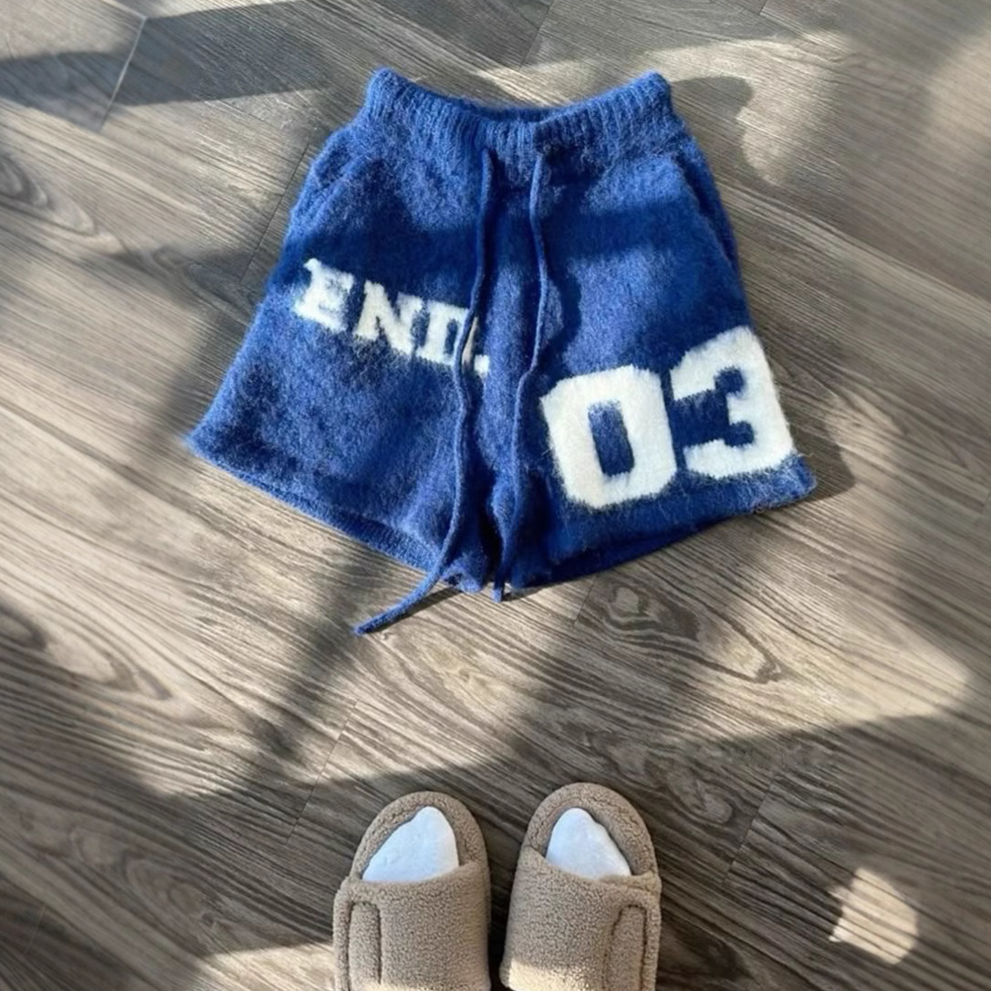 American style niche autumn and winter girl casual furry high street No.03 Korean style mens and womens loose knit drawstring shorts 250508