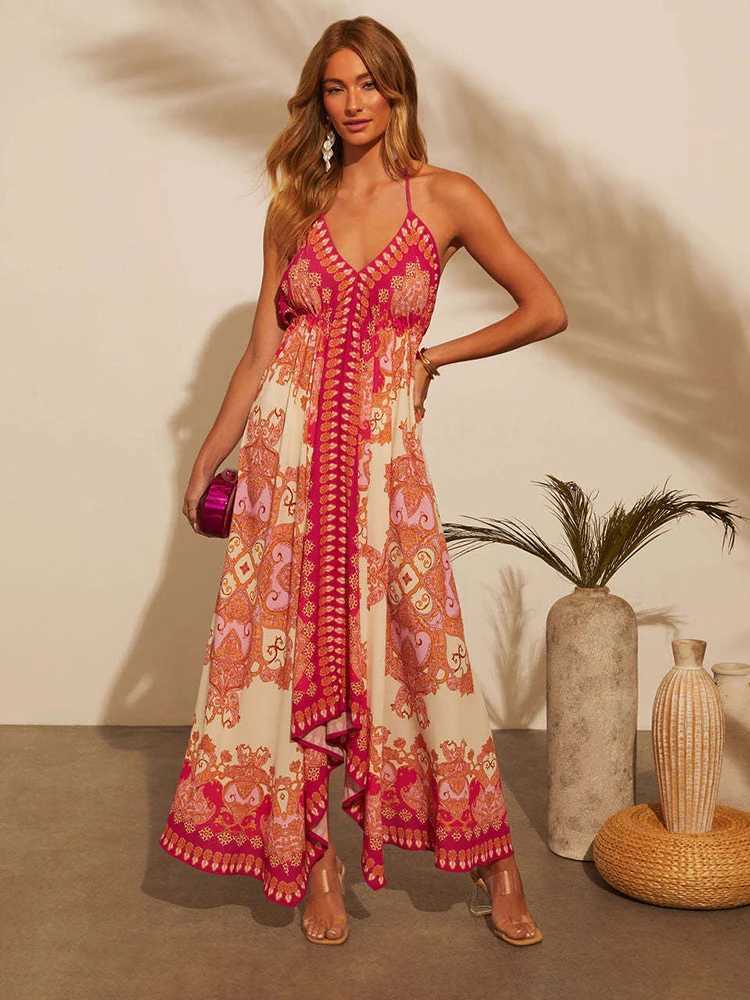 Womens summer V-neck camisole bohemian floral dress womens clothing red dress sexy womens clothing sun dress beach dress M250508