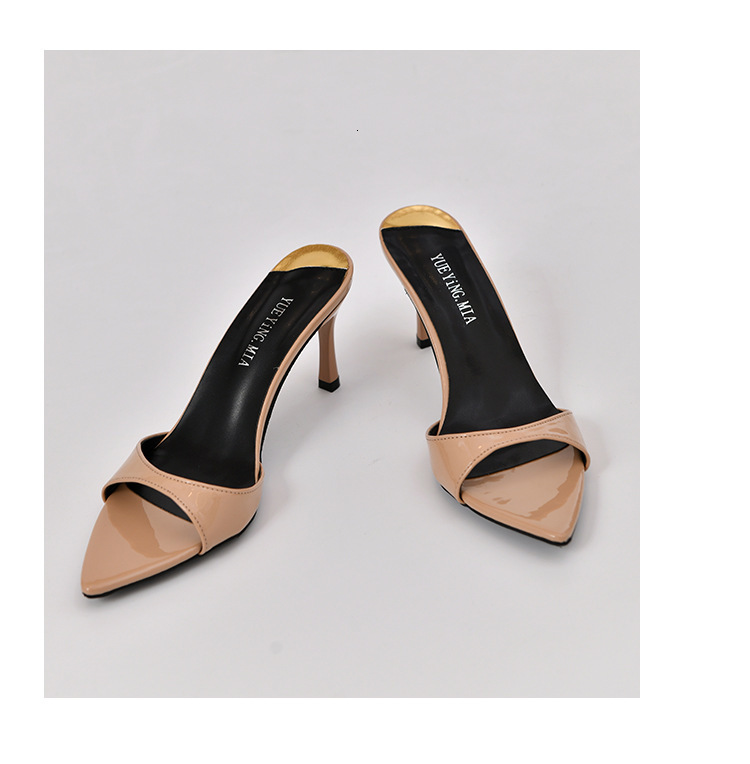 2025 Summer New Style One Word Solid Color Fashion Womens Large Pointed High Heel Slippers 250321