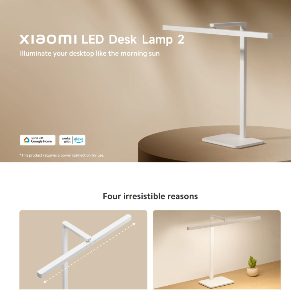 Xiaomi Mijia Desk Lamp 2 LED Desk Light 60cm Long Lamp Holder HyperOS Connect Adjustable Light Mode Bedroom Reading Lamp