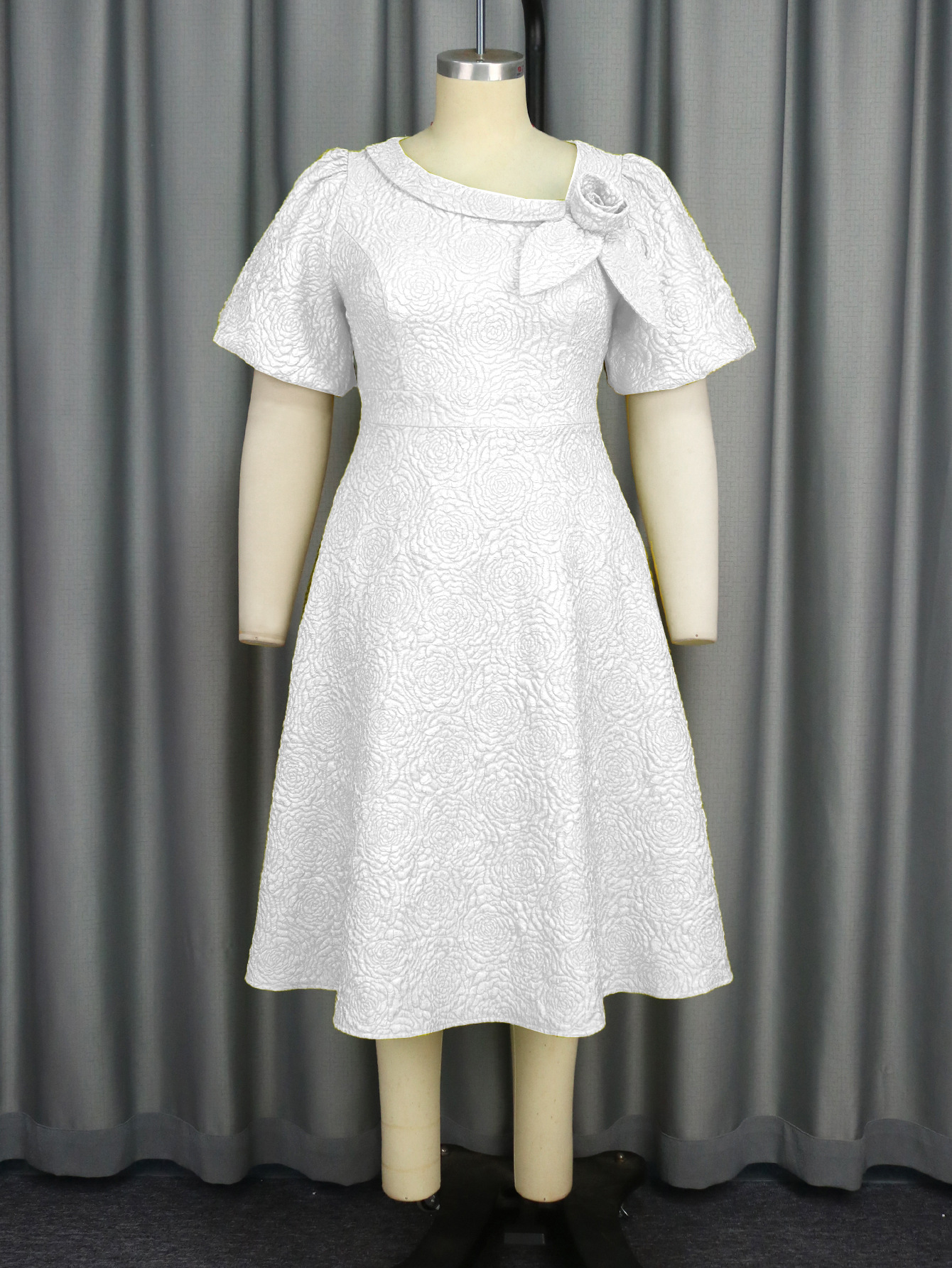 Classical Bridesmaid Dress a Line Rose Jacquard Flower Asymmetric Collar Midi Puff Sleeves Women's Daily Wear AM040856