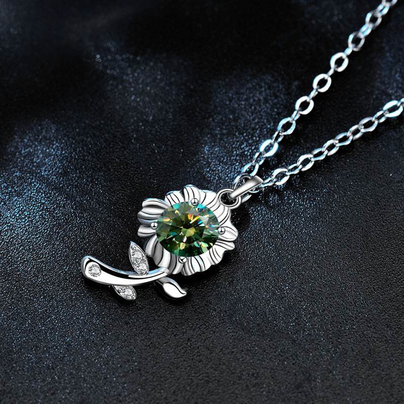 925 Sterling Silver Necklace Green Moissanite Sunflower Pendant Jewelry for Valentine's Day Gift