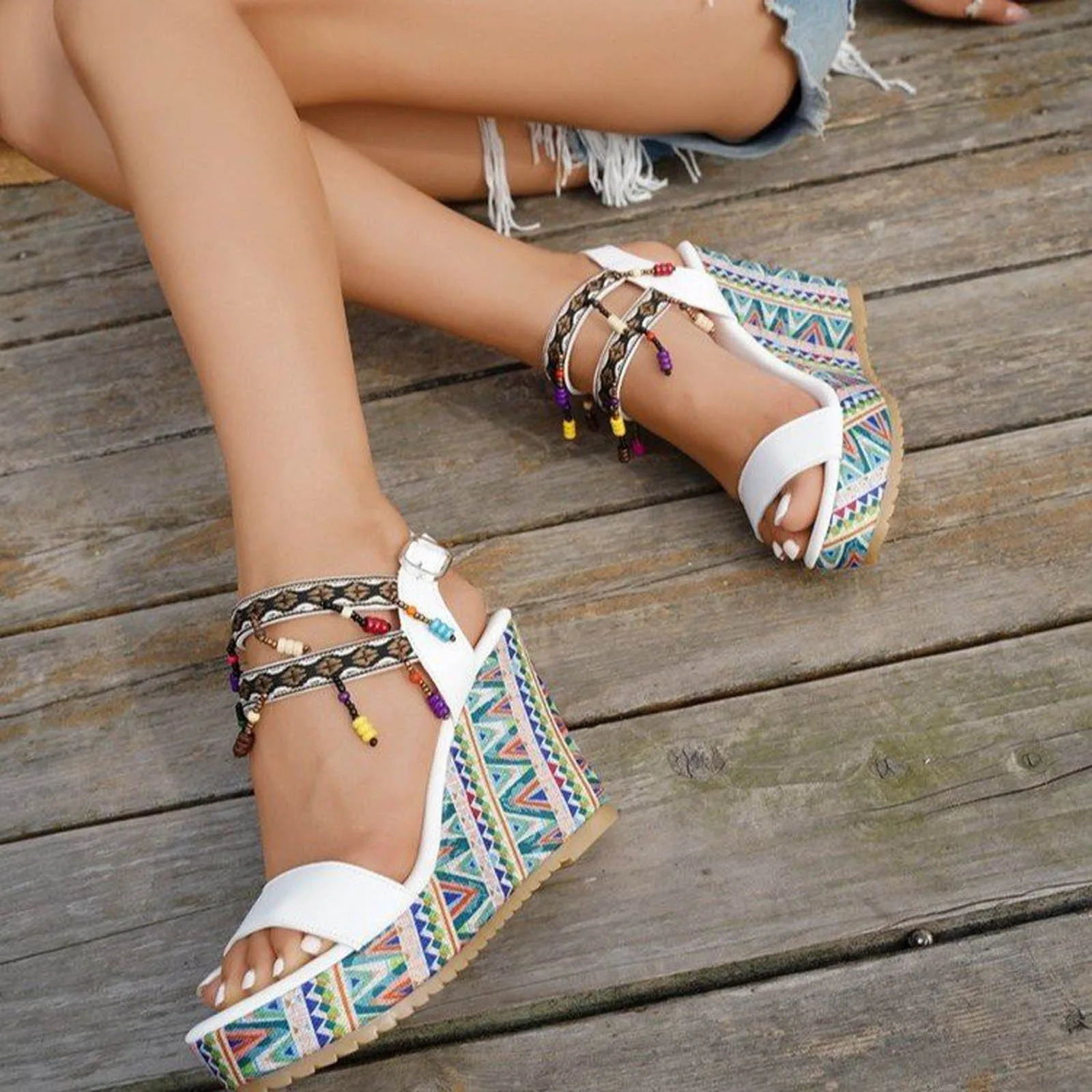 WomenS Shoes Elegant Heel WomenS Wedge High Heel Casual Sandals Fashion Beaded Sandals Sandales Femmes 250507
