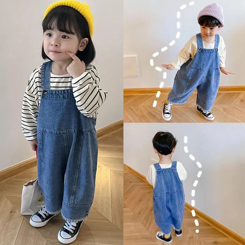 1-8T Childrens Pants Spring Loose Wide Leg Overalls for Boys and Girls Baby Jeans Baby Rompers Kids Denim Trousers Pantsv 250508