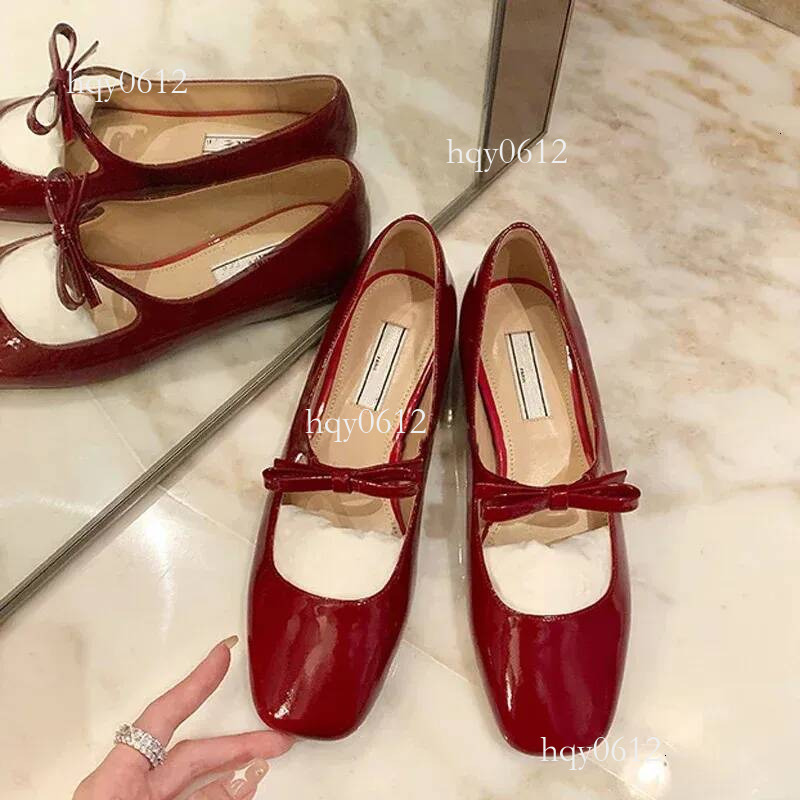 designer 2024 Bowknot Mary Jane Women Square Toe Glossy Leather Flats Female Red Dance Ballets Party Ball Bridal Wedding Shoes 240605