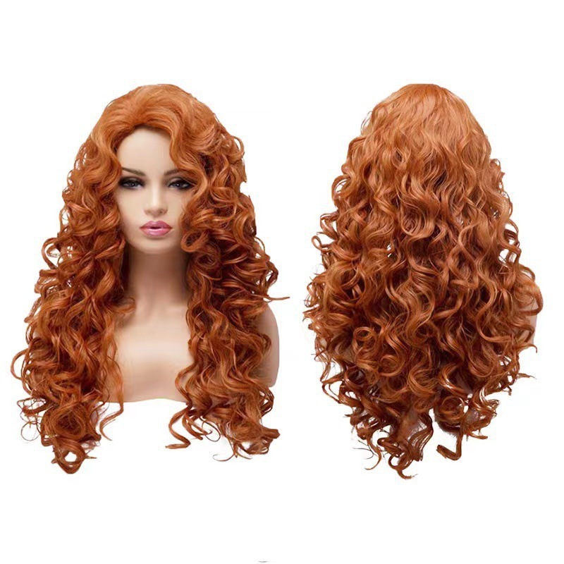 brown Womens long curled wig popular on the internet with the same style of foam face head fluffy natural wool curled wig head cover