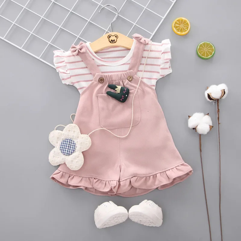 2pcs Cute Toddler Baby Girl T-shirtSuspender Shorts Outing Clothes Fashion Bay Sets Suits No Shoes No Bag 250508