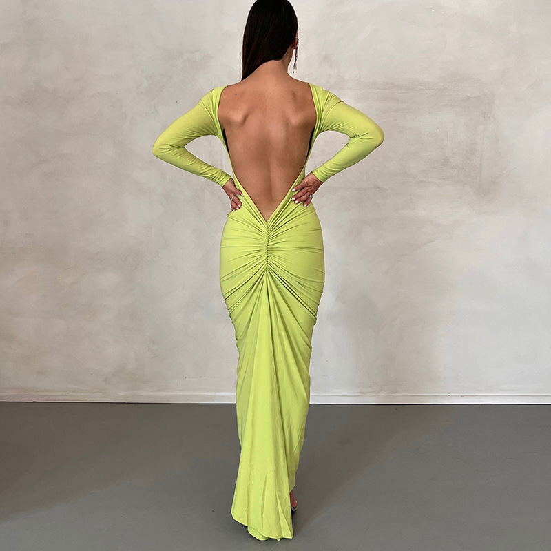 Hot New Solid Sexy Backless Pleated Long Temperament Slim Dress