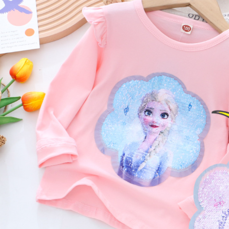 DISNEY Frozen Princess Elsa baby designer clothes Children autumn wear base top girl long-sleeved T-shirt two-sided color-changing sequin princess top