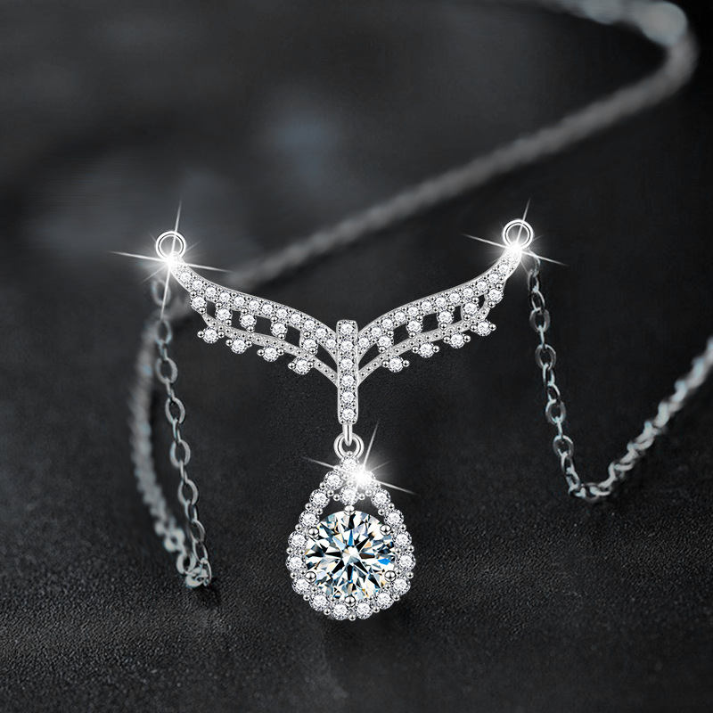 S925 Sterling Silver Moissanite Angel Water Drop Necklace Women Luxury Pendant Collarbone Chain Jewelry