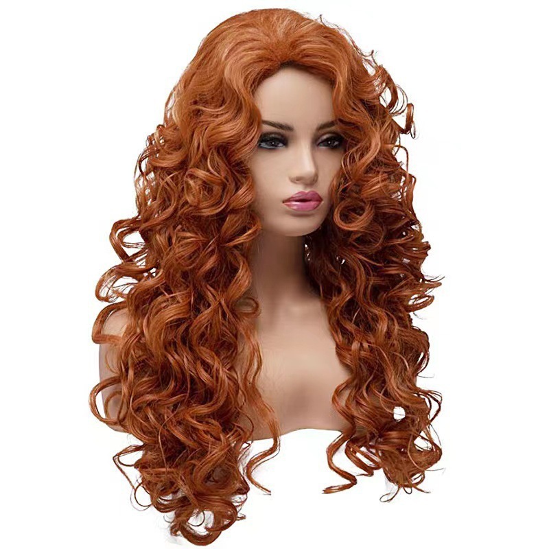brown Womens long curled wig popular on the internet with the same style of foam face head fluffy natural wool curled wig head cover