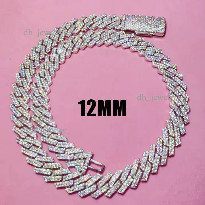Bulk Stock Best Selling Pass Dia Tester Solid Sier 12mm Two Rows Iced Out Hip Hop VVS1 Moissanite Miami Cuban Link
