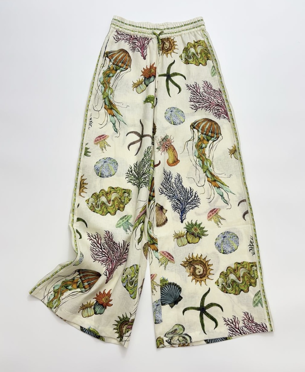 Australian designer two-piece set High end luxury 100% Linen Ocean print loose linen elastic waist casual pant