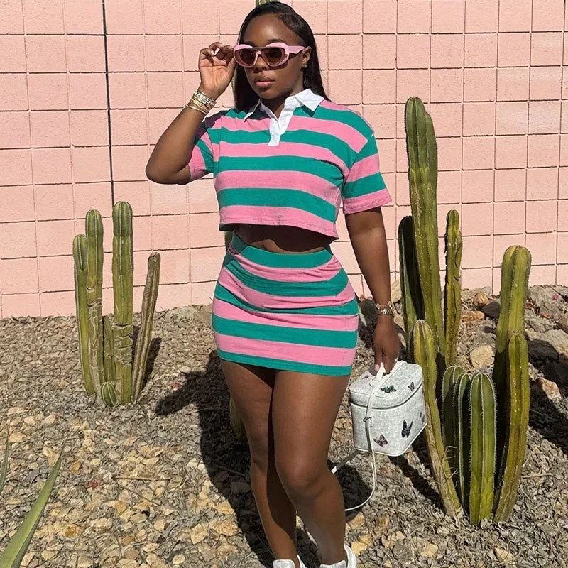 Sporty Fitness Striped Print 2piece set suitable for womens streetwear casual collar shirts cut tops and mini ski sets 250430Z