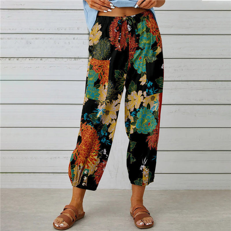 New cotton and linen female pants high waist draw rope nine minutes pants loose waist tie foot mouth vintage printed pants 2025