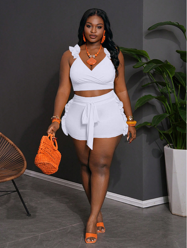 Summer Solid Ruffles Vacation Beachwear 2 Piece Set Women Sexy V Neck Backless Sleeveless Crop Top Lace Up Skinny Shorts